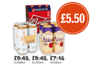 Budgens  Carlsberg Export, Budweiser 4.5% and Abbot Draught Ale