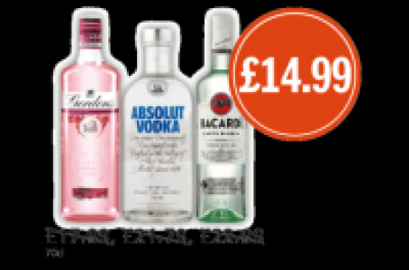 Gordons Pink Gin, Absolut Vodka Blue and Bacardi Carta Blanc