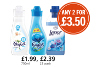Budgens  Comfort Concentrated Blue, Concentrated Pure and Lenor Fabri