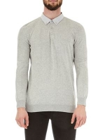 Debenhams  Burton - Grey woven collar long sleeve knitted polo shirt