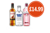Budgens  The Famous Grouse Whisky, Absolut Vodka Blue and Gordons Pin