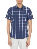 Debenhams  Burton - Navy short sleeve linen grid check shirt