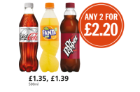 Budgens  Diet Coke Contour Pet, Fanta Orange, Dr Pepper, £1.35, £1.39