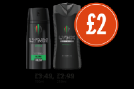 Budgens  Lynx Deo Body Spray Africa, Lynx Shower Gel Africa, Was £.49