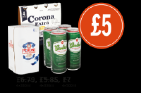 Budgens  Corona Extra, Grolsch, Peroni Nastro Azzurro, Was £6.79, £5.