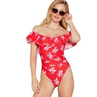 Debenhams  Beach Collection - Red floral print frill Bardot neck swimsu
