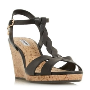 Dune - Black leather Koala high wedge heel t-bar sandals