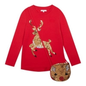bluezoo - Girls red sequined reindeer T-shirt and bag set