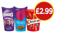 Budgens  Cadbury Roses, Heroes, Celebrations Carton