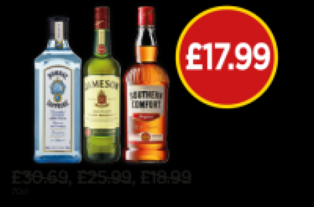 Bombay Sapphire Gin, Jamesons Irish Whiskey, Southern Comfor