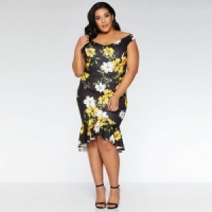Quiz - Curve black and yellow bardot fishtail midi dress