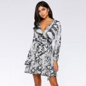 Quiz - Grey snake print long sleeve wrap dress