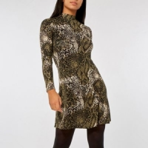 Dorothy Perkins - Green snake print high neck fit and flare