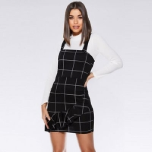 Quiz - Black and cream check button pinafore dress