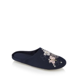 The Collection - Navy floral embroidered satin closed slippe