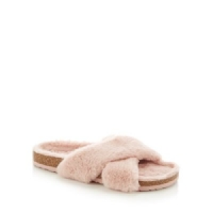 Lounge & Sleep - Pale Pink Faux Fur Cross Strap Slider Slipp