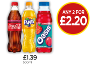 Budgens  Coke Zero Raspberry, Fanta Orange, Oasis Summer Fruits