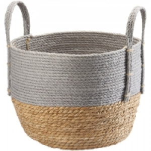Storage Basket Straw Round Grey Large