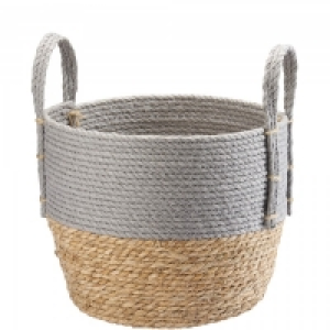 Storage Basket Straw Round Grey Medium