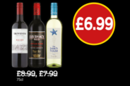 Trivento Argentina Malbec, Rib Shack Red, Beach House Sauvig