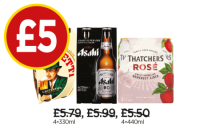 Budgens  Thatchers Rose Cider, Asahi Super Dry, Birra Moretti