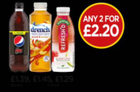 Pepsi Max, Drench Peach & Mango, Robinsons RefreshD Raspber