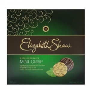 ELIZABETH SHAW MINT CRISP DARK CHOCOLATES 150G £1.99