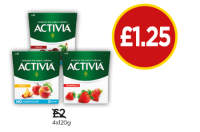 Budgens  Activia Peach 0% Fat Free Yogurt, Cherry 0% Fat Free Yogurt,