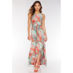 Green and Coral Tropical Sleeveless Maxi Dress