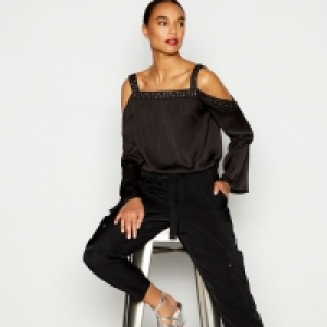 Black Stud Embellished Cold Shoulder Top