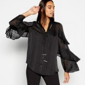 Black Metallic Stripe Ruffle Sleeve Blouse