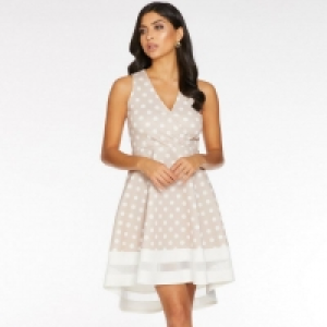 Stone and Cream Polka Dot Mesh Dip Hem Dress