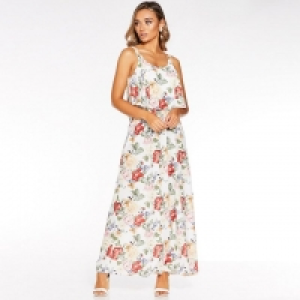 Cream and Red Floral Print Maxi Dress