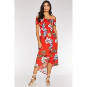 Orange Floral Bardot Dip Hem Dress