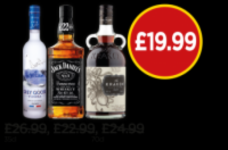 Grey Goose Vodka, Jack Daniels, The Kraken Black Spiced Rum