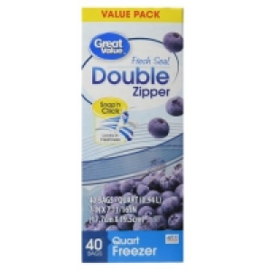 Great Value Double Zipper Freezer Bags, Quart, 40 Count