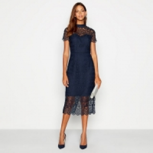 Navy Floral Lace Midi Pencil Dress