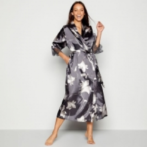 Dark Grey Lily Print Longline Satin Wrap Dressing Gown