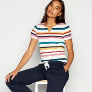Off White Stripe Print Notch Neck Cotton Top
