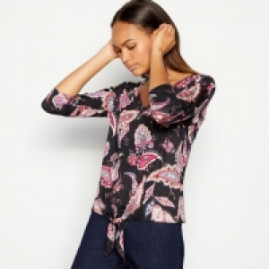 Black Paisley Print Tie Front Cotton and Modal Top