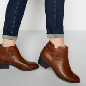 Tan Faux-Leather Mid Block Heel Wide Fit Ankle Boots