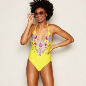 Debenhams  Bright Yellow Floral Diamante Raj Non-Wired Padded Plunge 