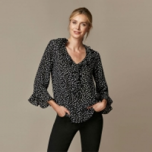 Black Monochrome Polka Dot Ruffle Blouse