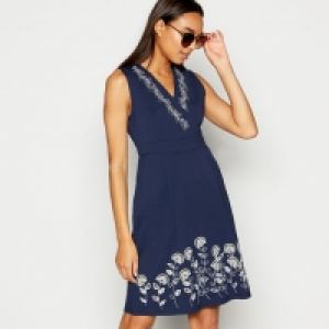 Navy Applique Embroidered Flowers Knee Length Dress