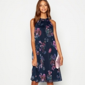 Navy Paint Floral Sparkle Knee Length Swing Dress