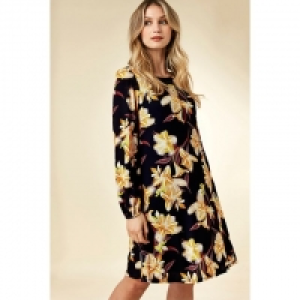 Golden Floral Print Jersey Swing Dress