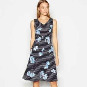 Navy Floral and Stripe Print Knee Length Dress