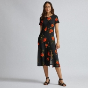 Black Floral Print Split Midi Skater Dress