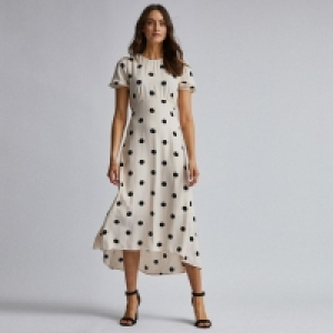 White Spot Print Puff Sleeves Tea Midi Dress
