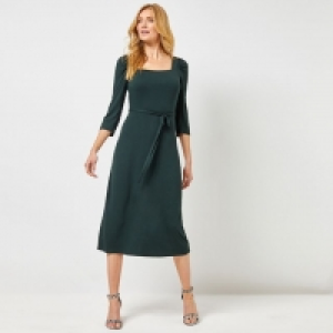Green 3 Quarter Sleeves Square Neck Midi Dress